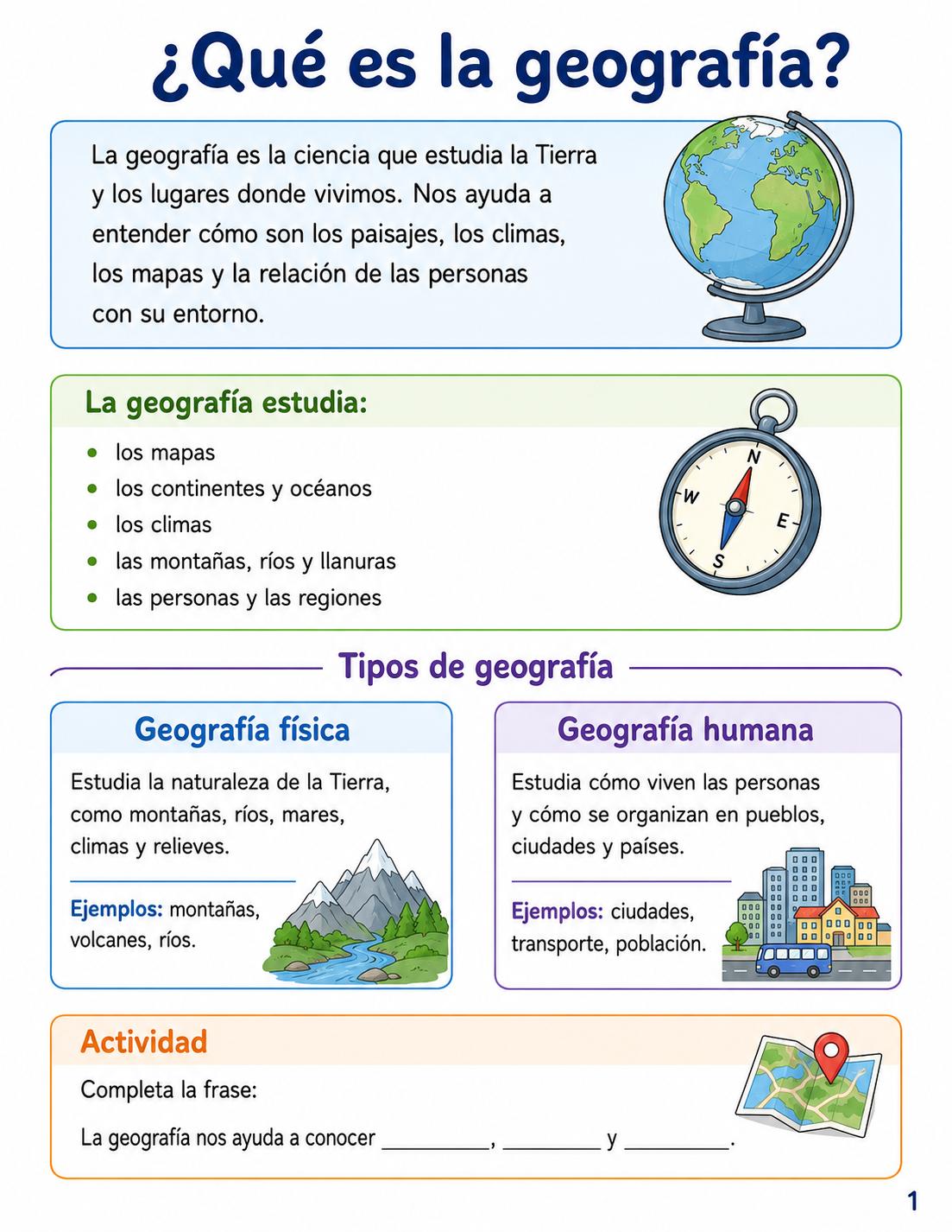Taller de geografía para quinto de primaria: continentes, océanos, Colombia y regiones naturales