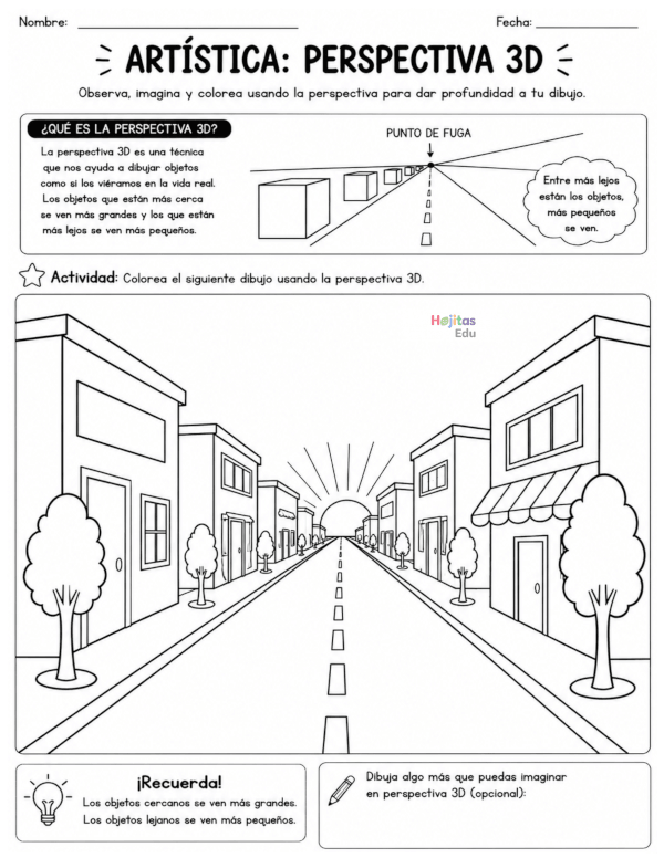 Perspectiva 3D: Ficha de Artística para Colorear y Aprender