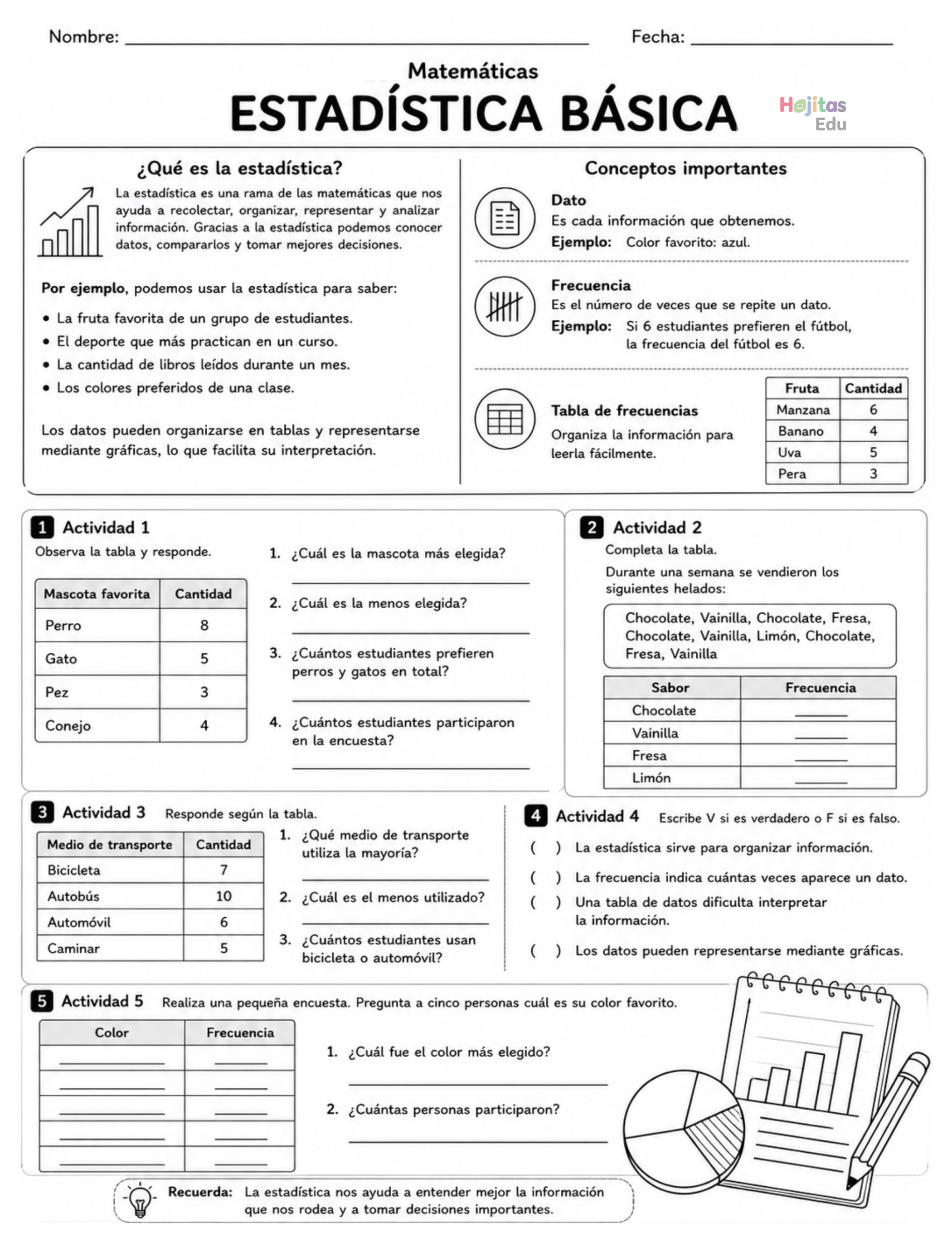 Estadística básica | Ficha de Matemáticas con tablas de frecuencia y actividades