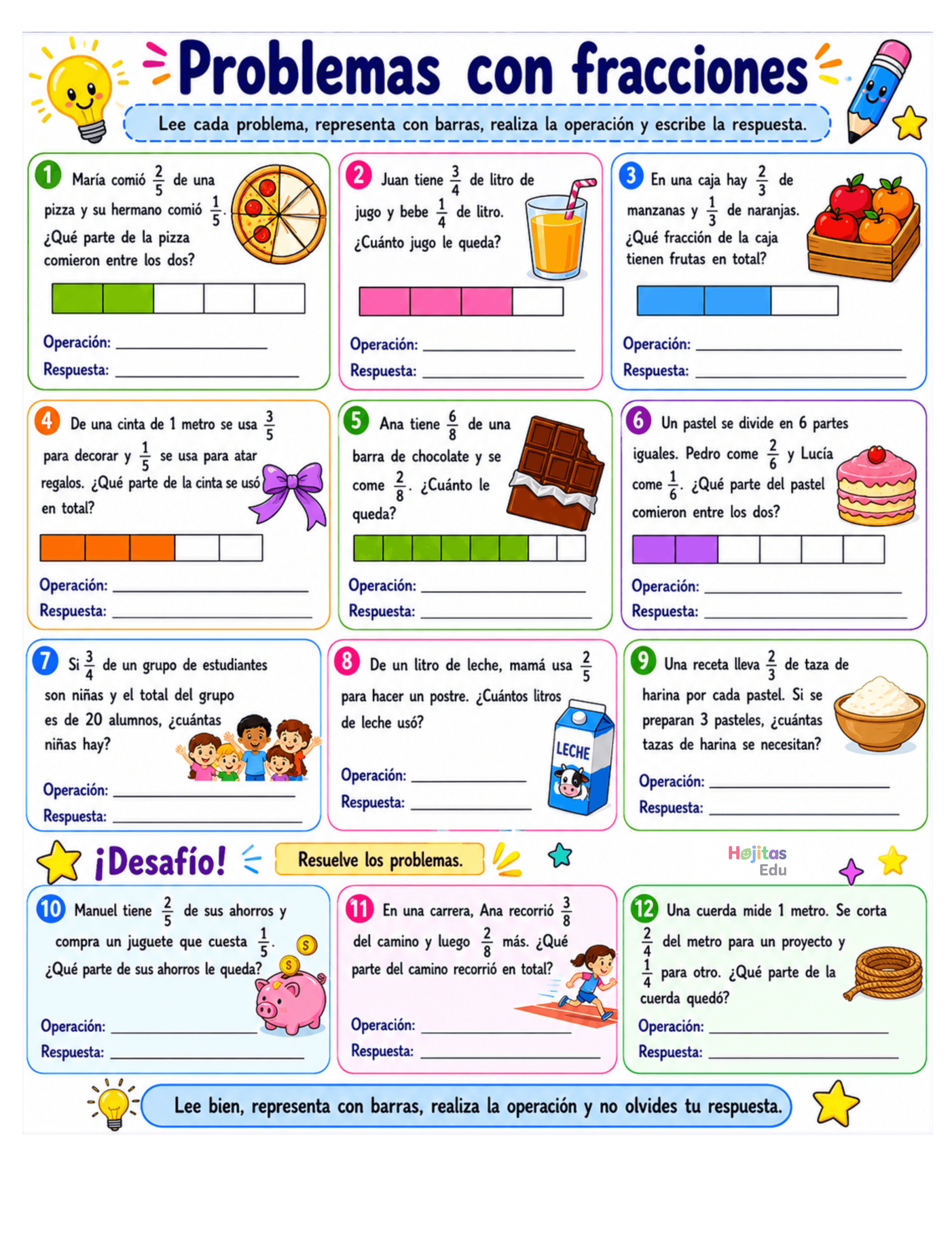 Problemas con Fracciones para Niños: Ficha Práctica y Visual