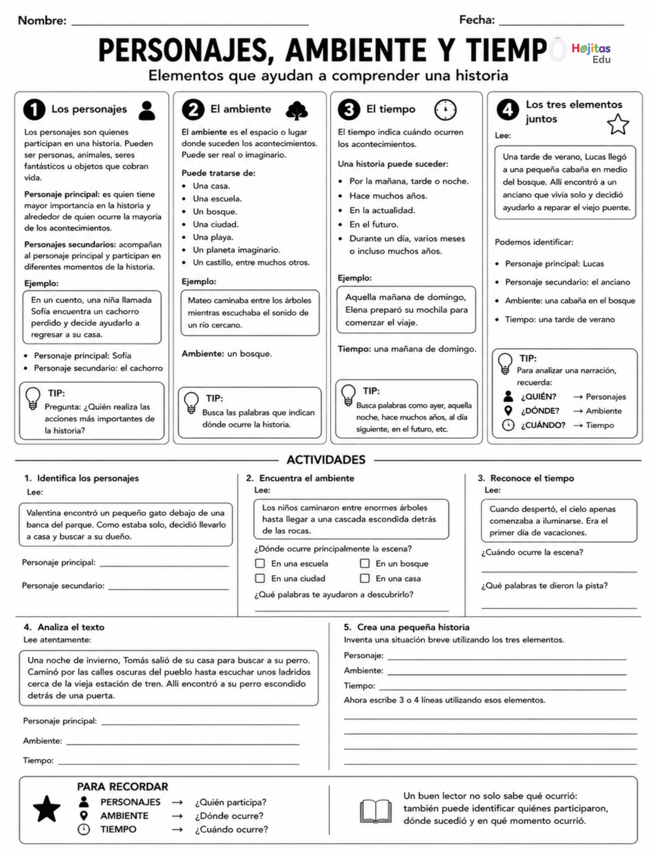 Personajes, ambiente y tiempo: ficha de comprensión lectora