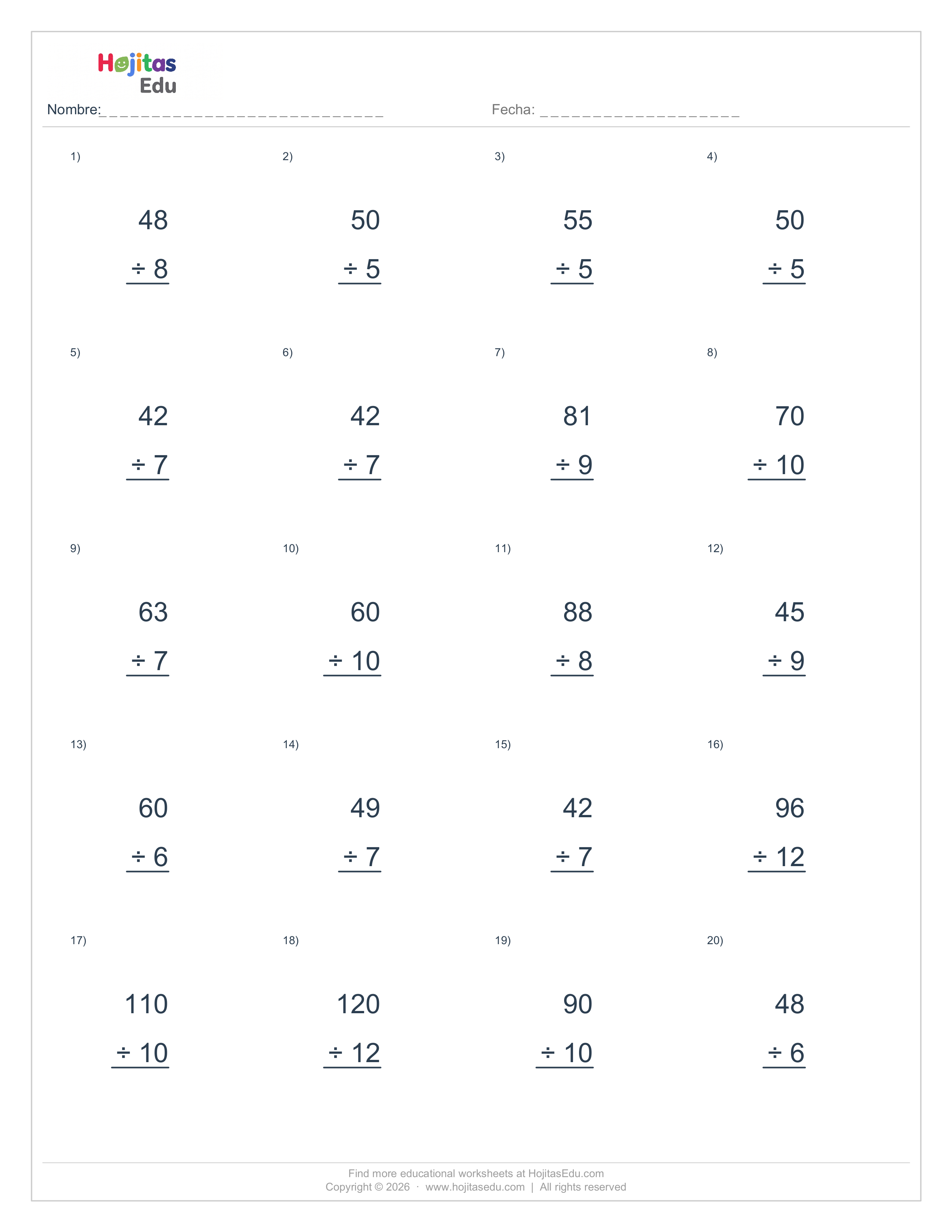 Ficha de Divisiones: 20 Ejercicios de 2 Cifras ÷ 1 Cifra