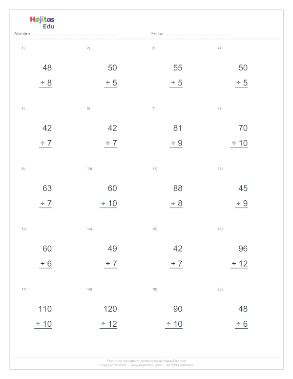 Ficha de Divisiones: 20 Ejercicios de 2 Cifras ÷ 1 Cifra