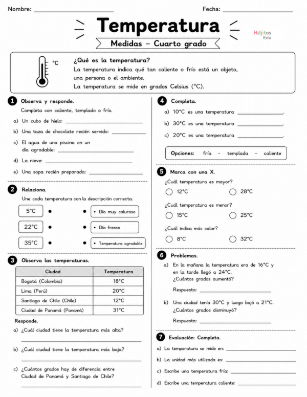 Temperatura – Medidas | Hoja de trabajo de matemáticas