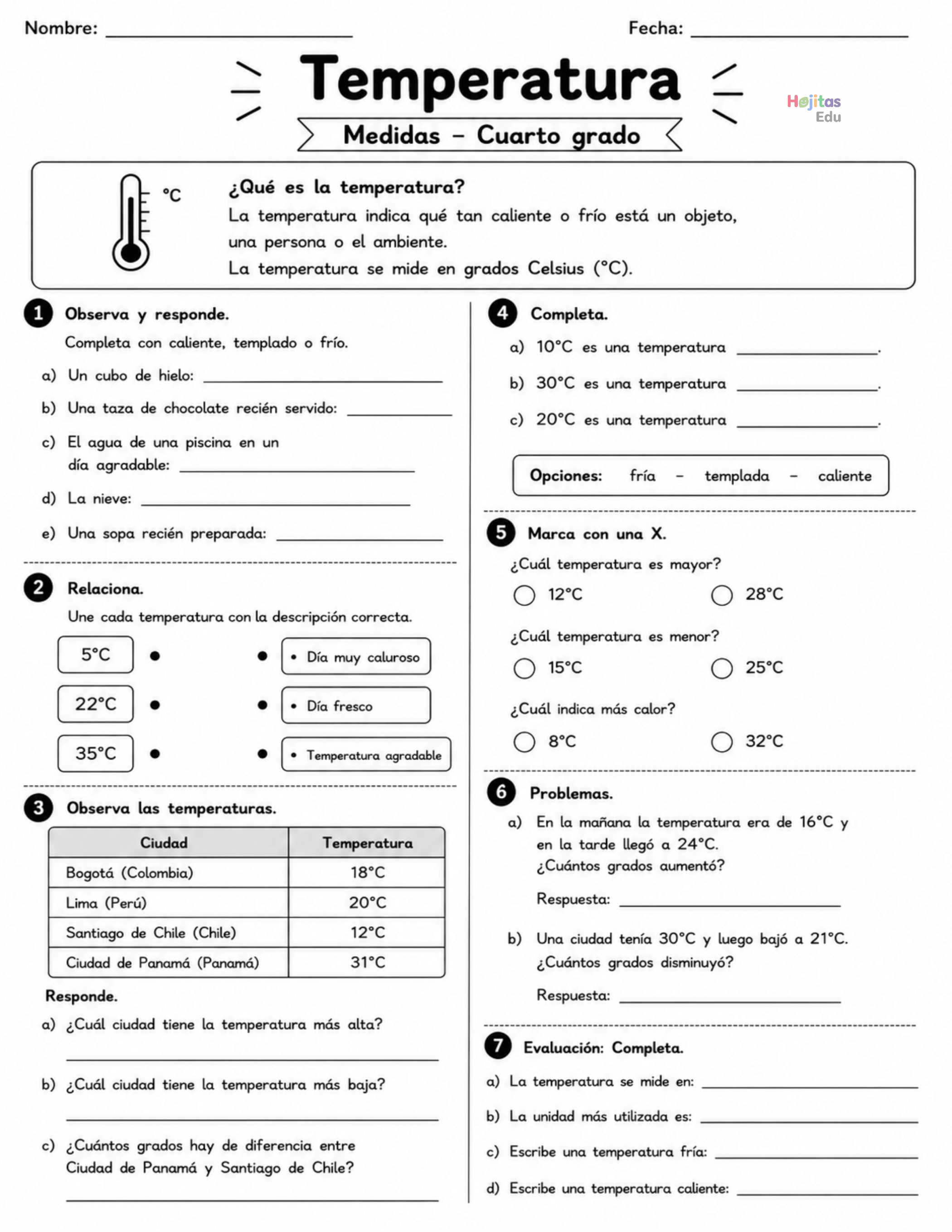 Temperatura – Medidas | Hoja de trabajo de matemáticas