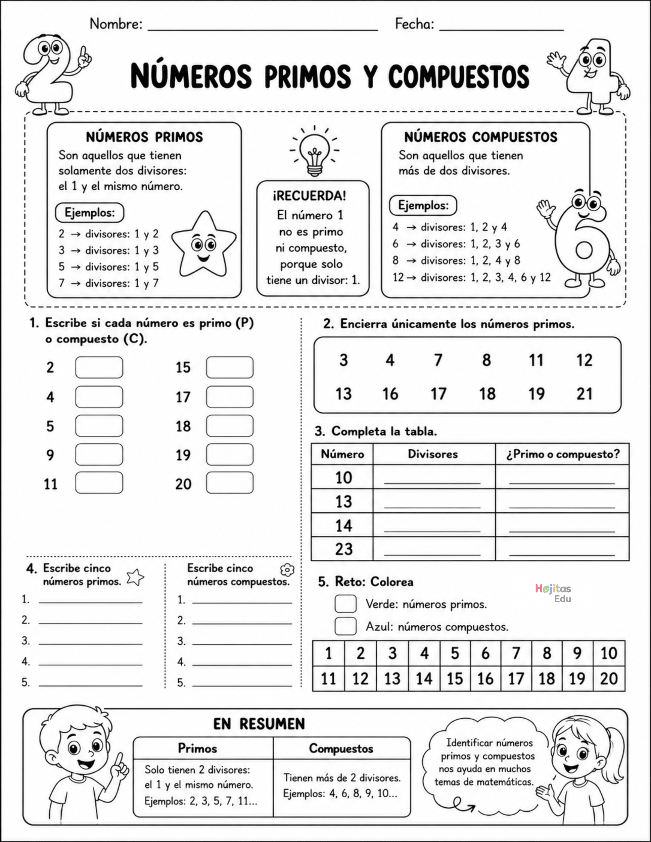 Hoja de trabajo de números primos y compuestos