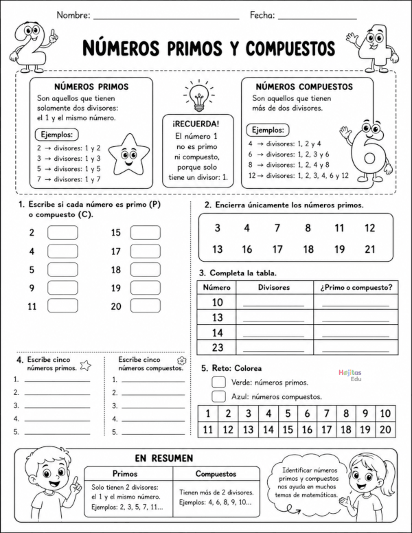 Hoja de trabajo de números primos y compuestos