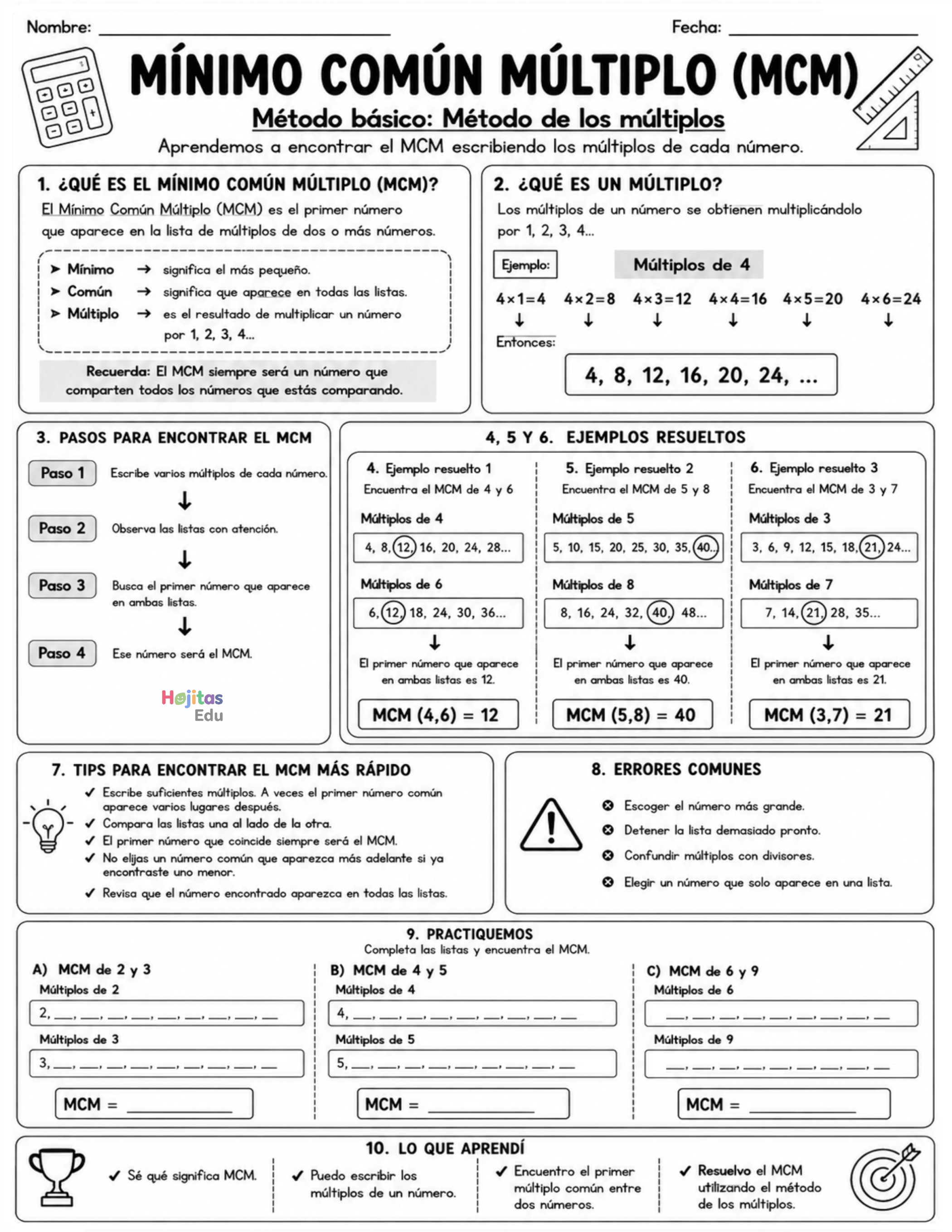 Mínimo Común Múltiplo (MCM) por el Método de los Múltiplos