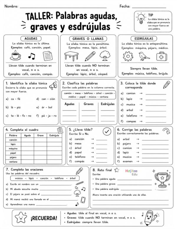 Taller de palabras agudas, graves y esdrújulas: ejercicios de ortografía para primaria