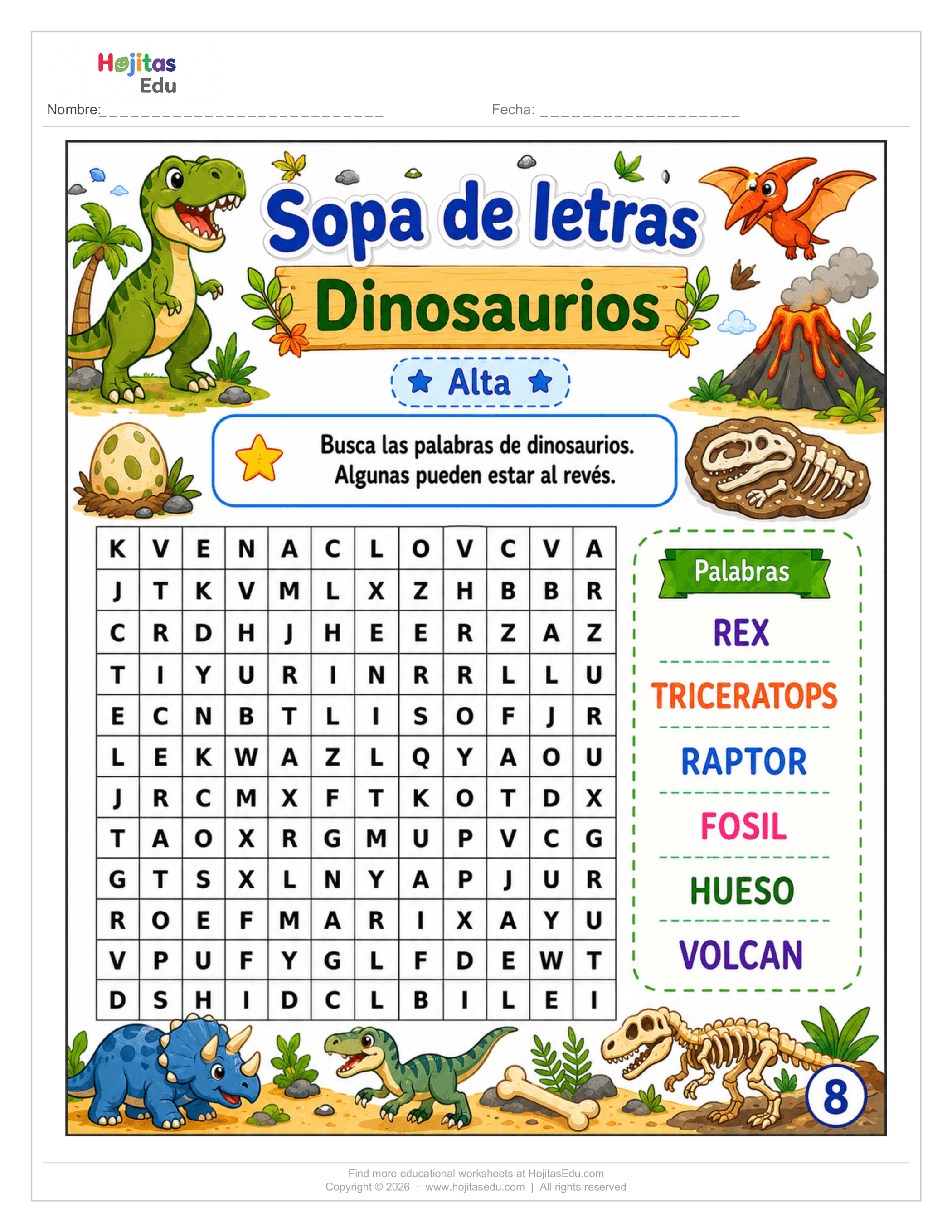 Sopa de Letras de Dinosaurios — Rex, Raptor, Fósil y Más