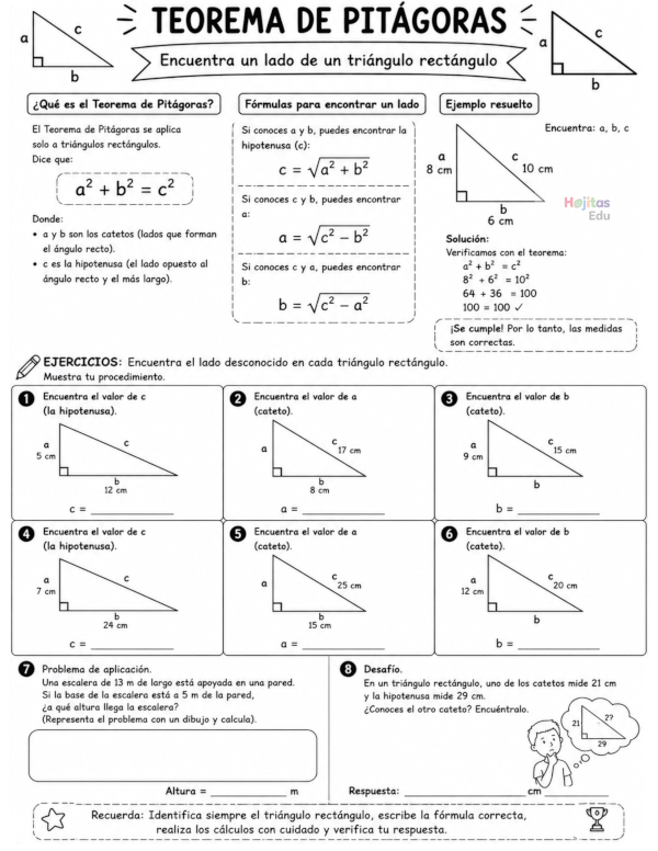 Teorema de Pitágoras: Ejercicios y Problemas Resueltos para Secundaria