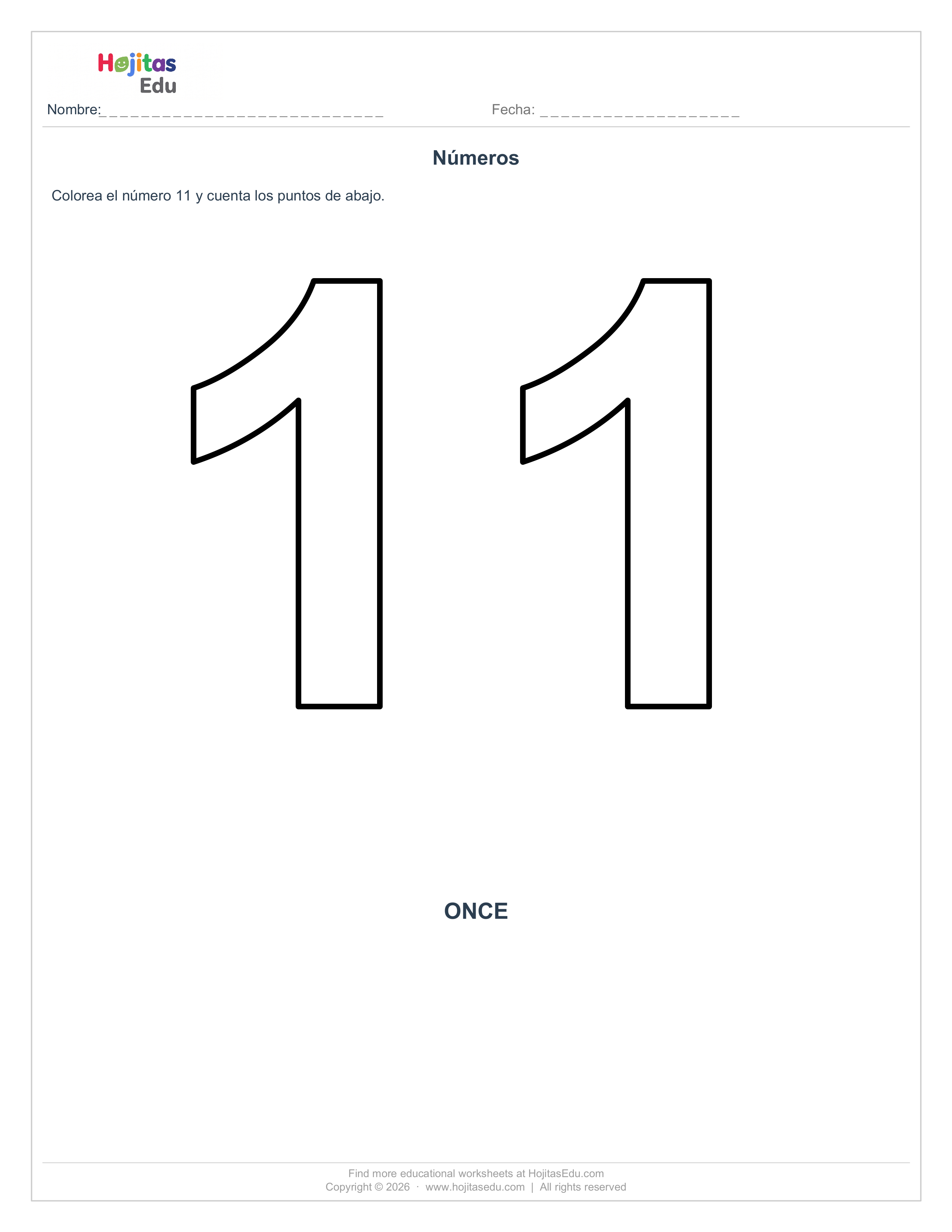 Ficha del Número 11 para Colorear y Contar