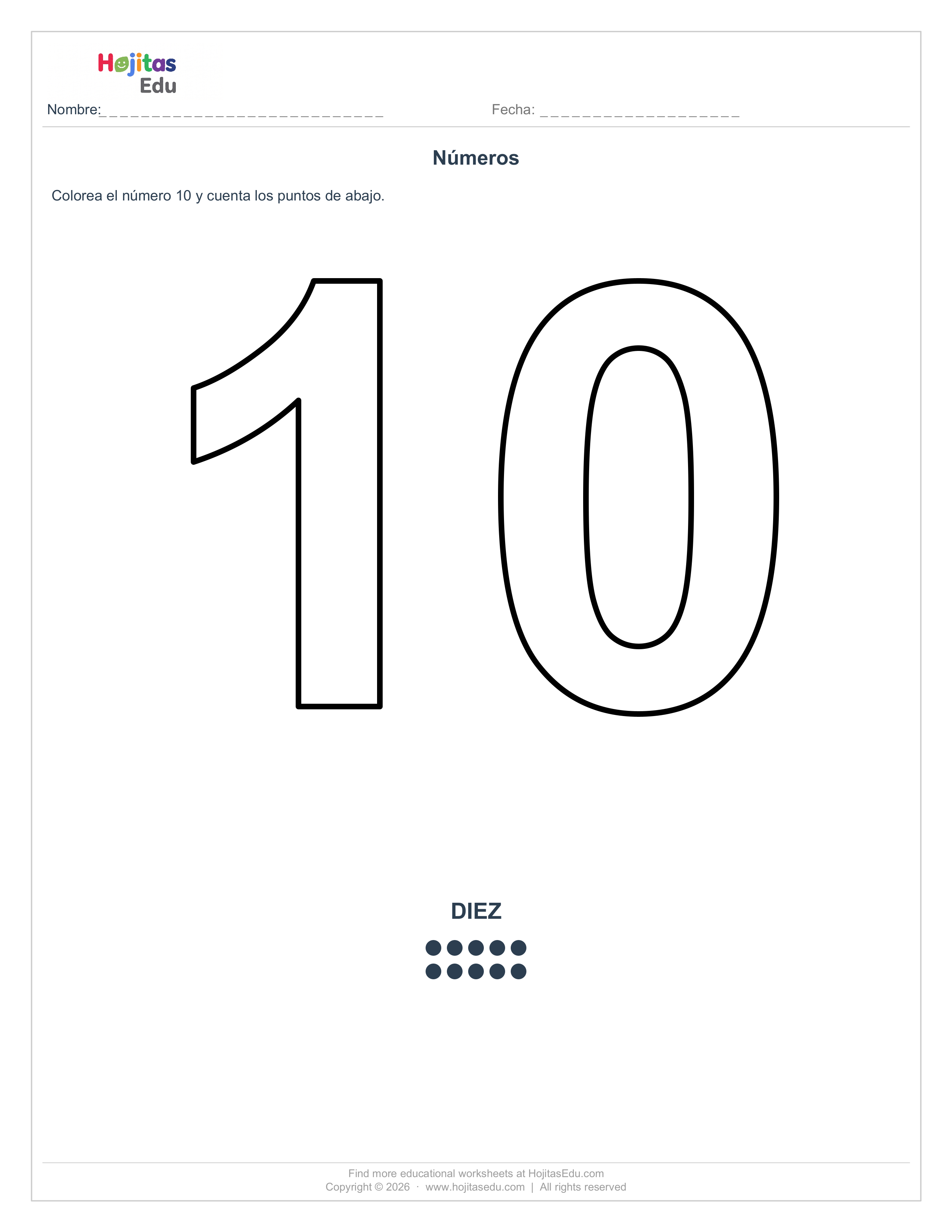 Ficha del Número 10 para Colorear y Contar