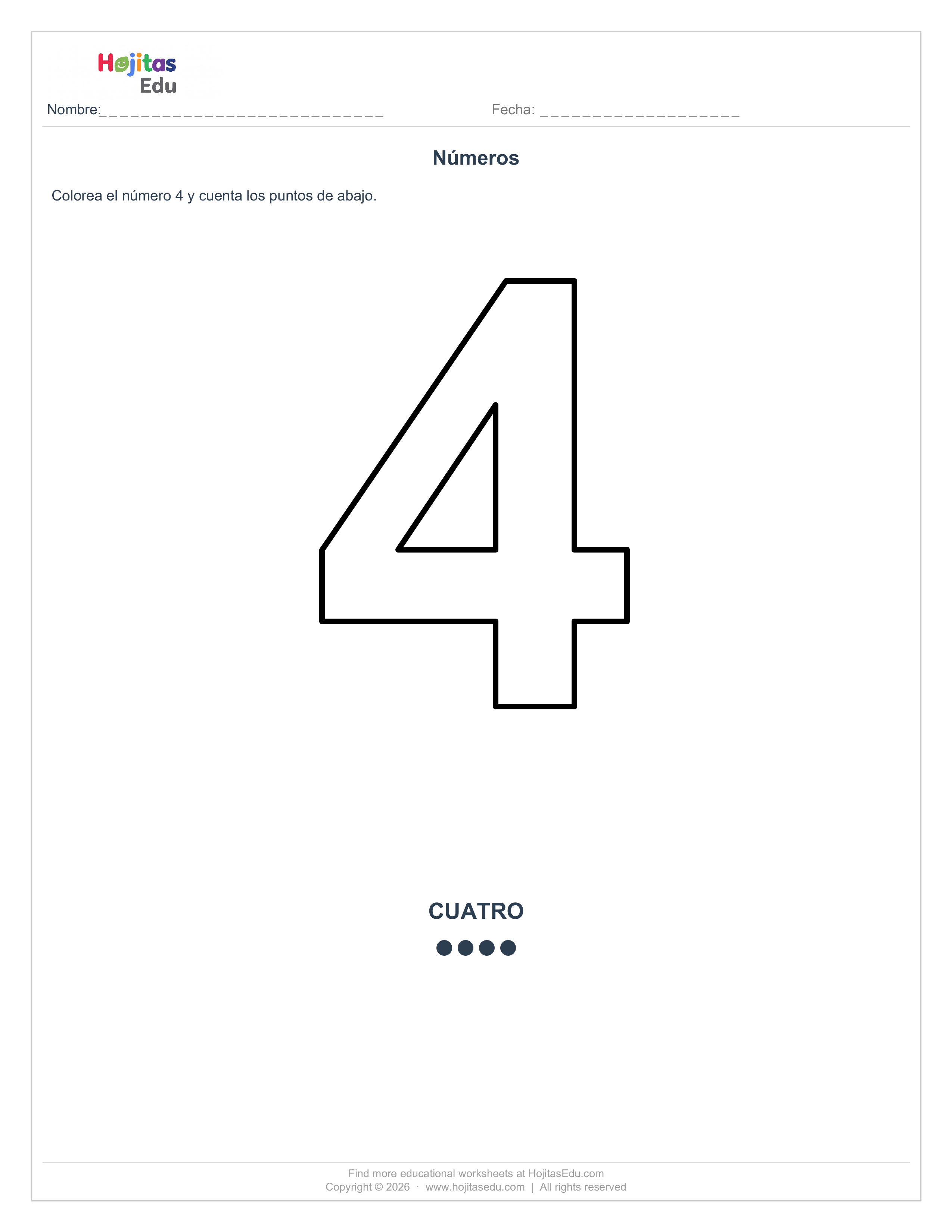 Ficha del Número 4 para Colorear y Contar
