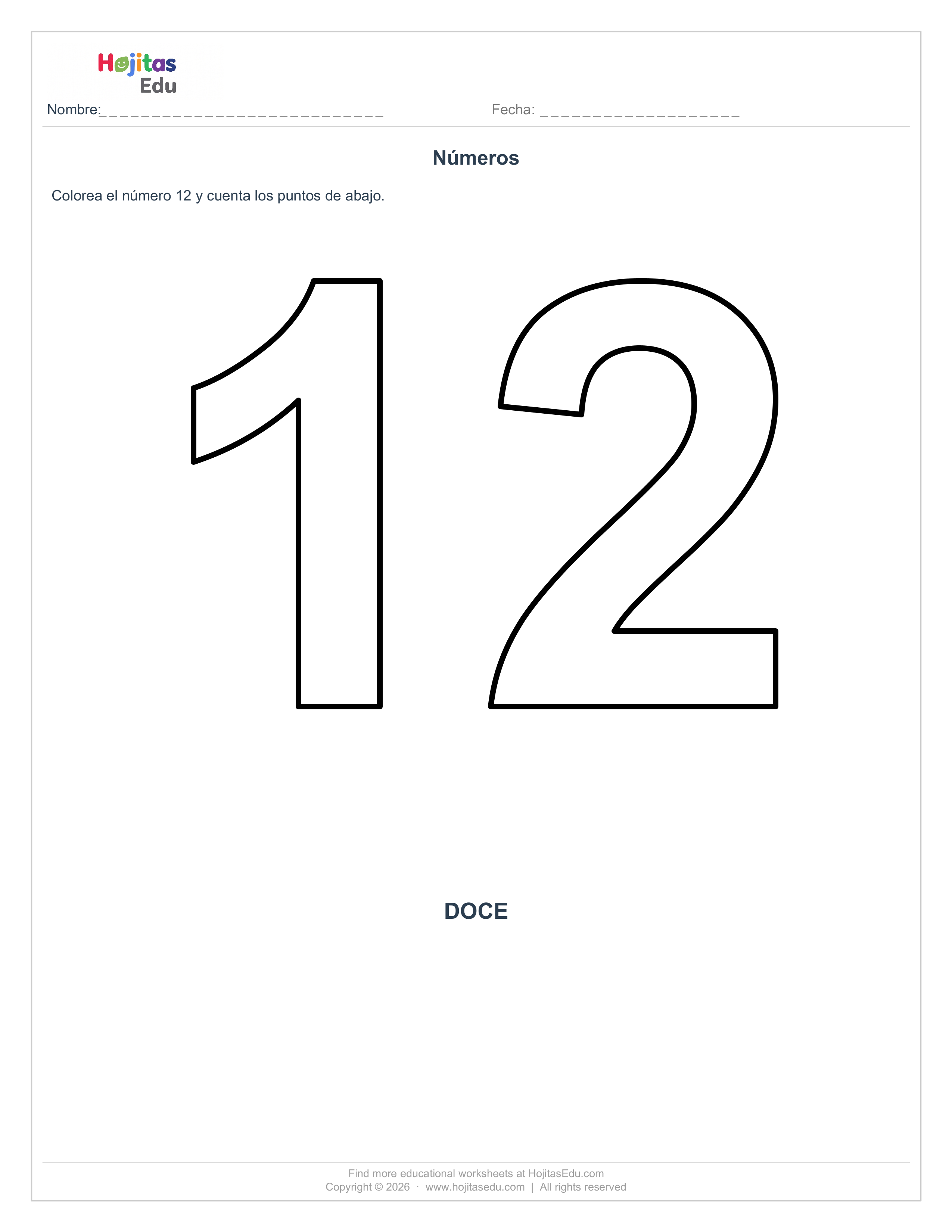 Ficha del Número 12 para Colorear y Contar