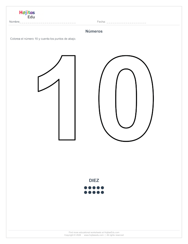 Ficha del Número 10 para Colorear y Contar