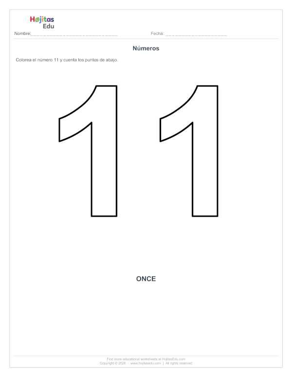 Ficha del Número 11 para Colorear y Contar