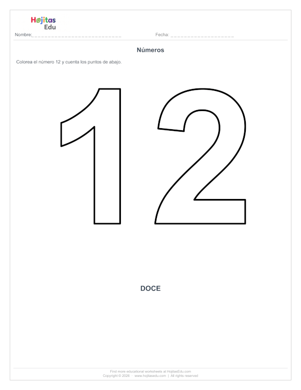 Ficha del Número 12 para Colorear y Contar
