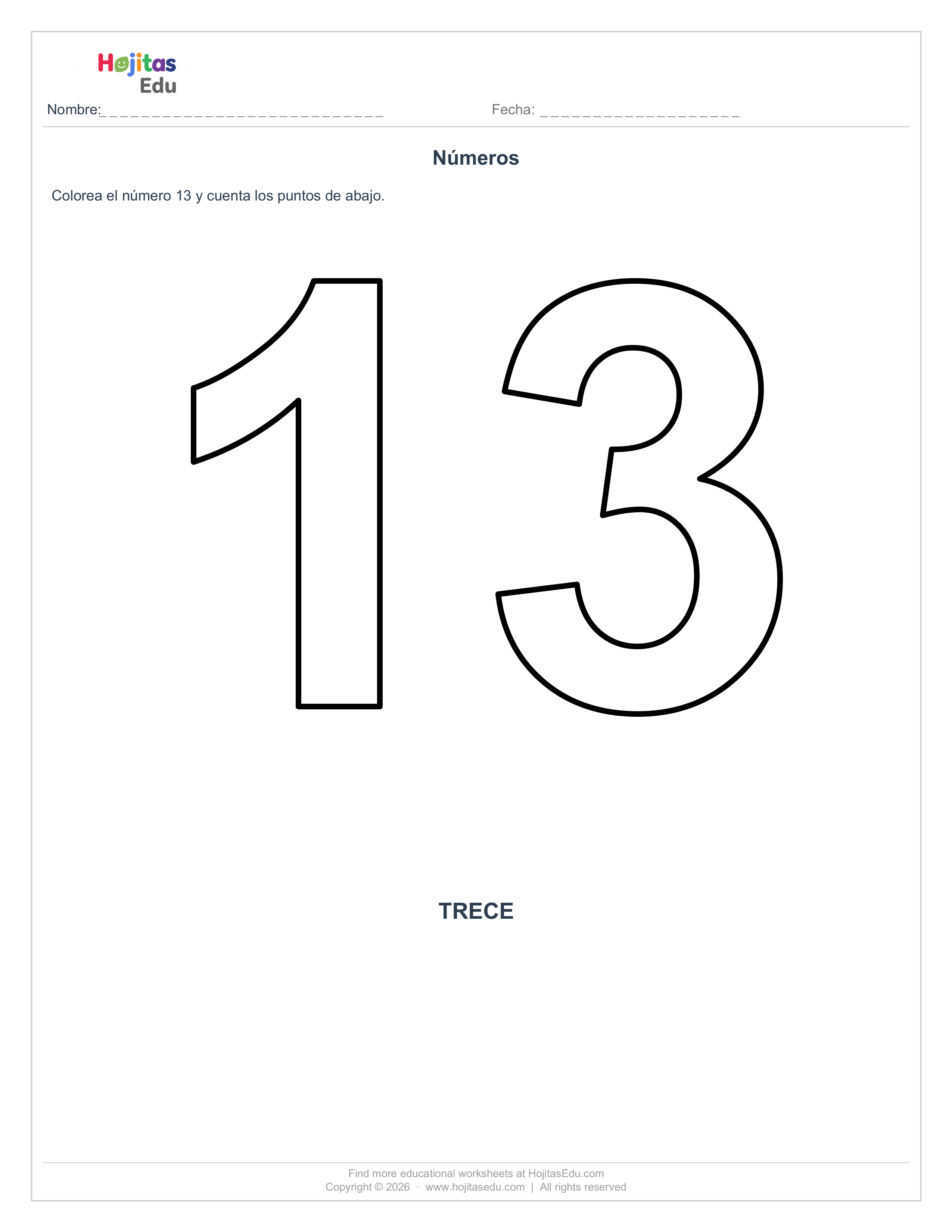 Ficha del Número 13 para Colorear y Contar