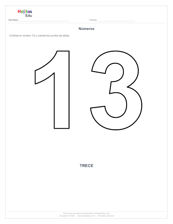 Ficha del Número 13 para Colorear y Contar