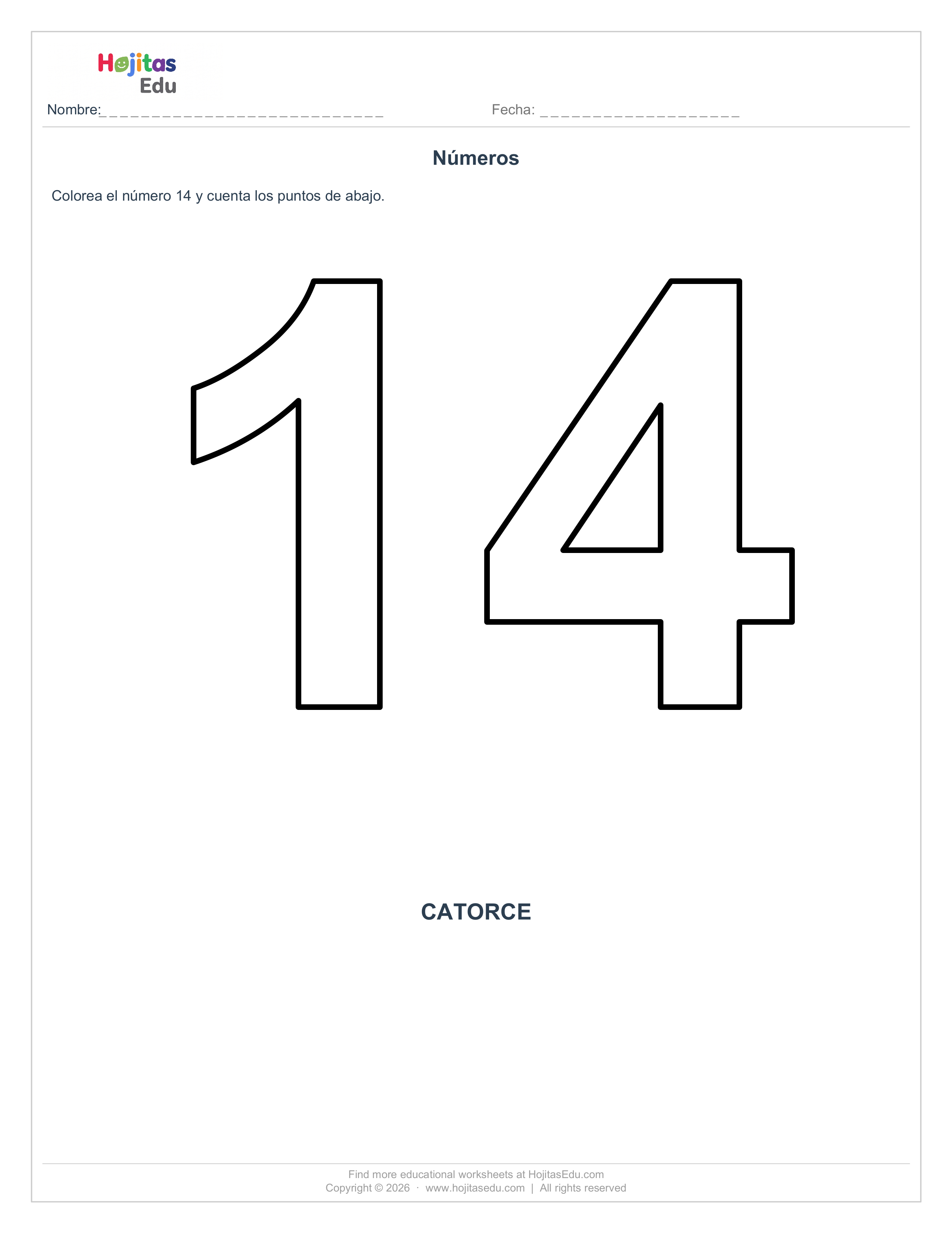 Ficha del Número 14 para Colorear y Contar