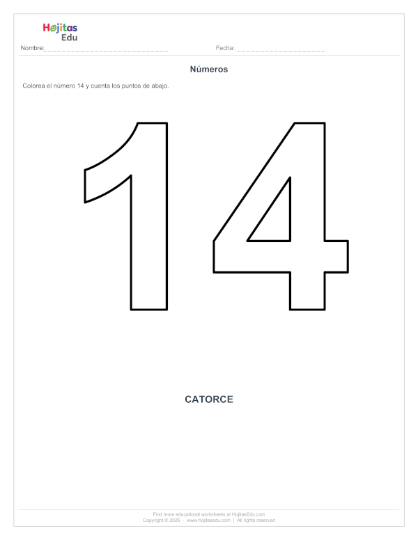 Ficha del Número 14 para Colorear y Contar