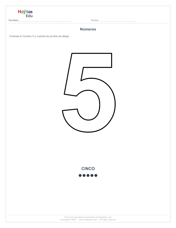 Ficha del Número 5 para Colorear y Contar