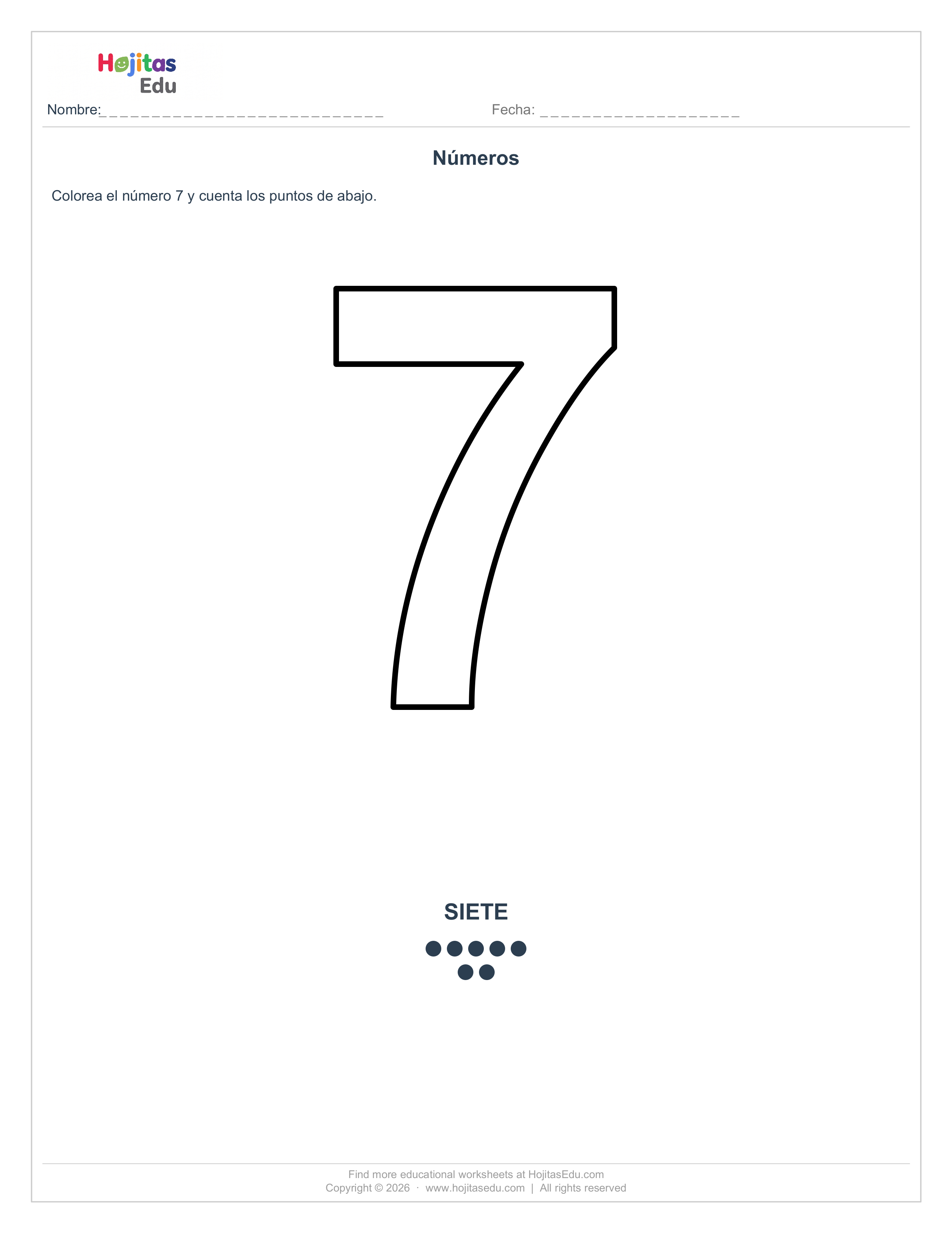 Ficha del Número 7 para Colorear y Contar