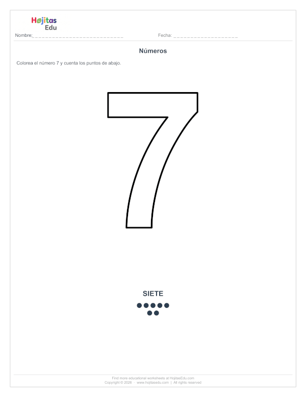 Ficha del Número 7 para Colorear y Contar