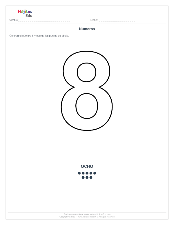 Ficha del Número 8 para Colorear y Contar