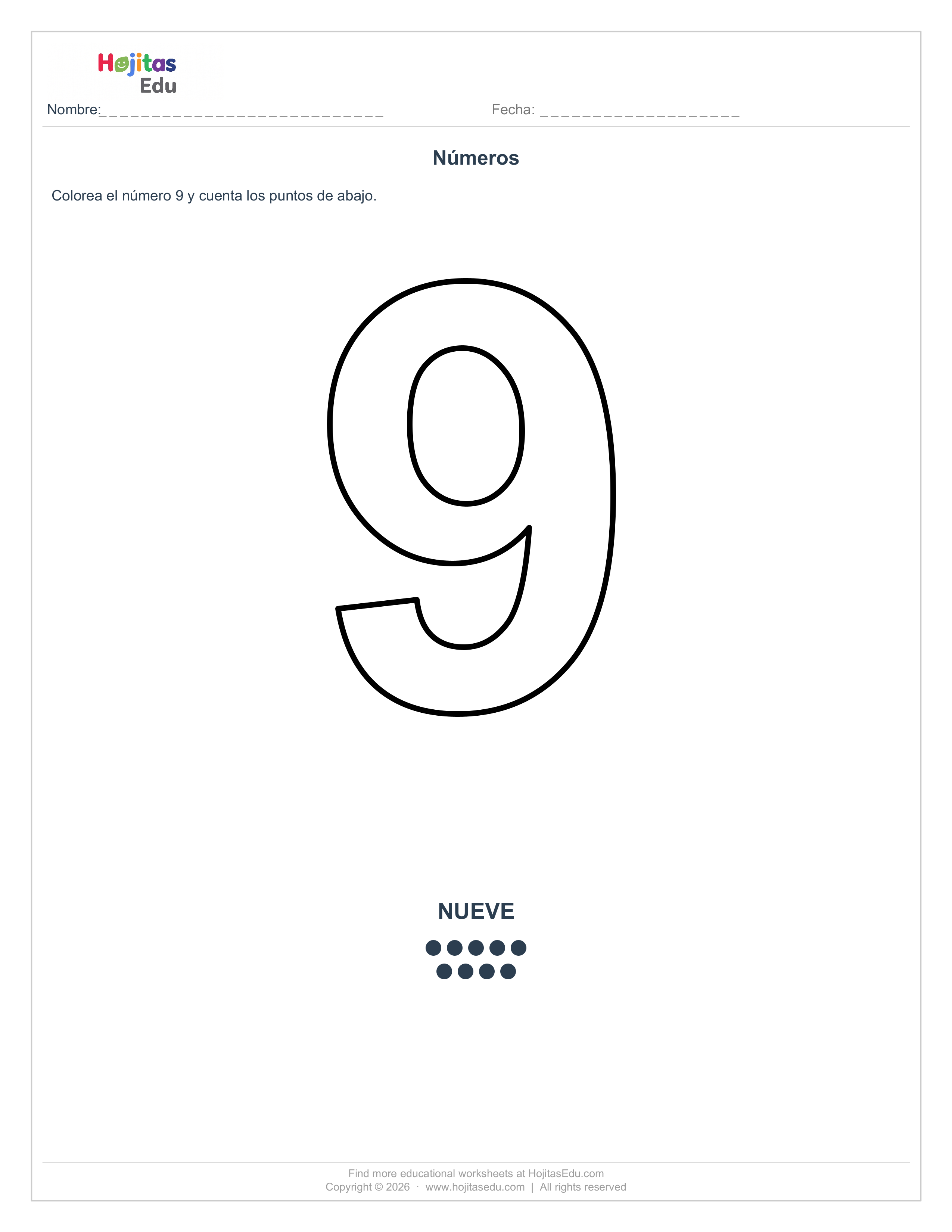 Ficha del Número 9 para Colorear y Contar