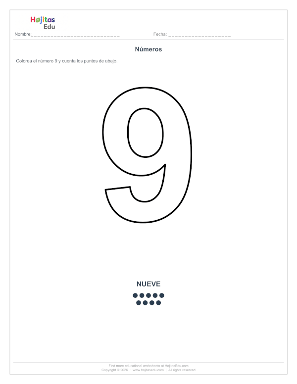 Ficha del Número 9 para Colorear y Contar