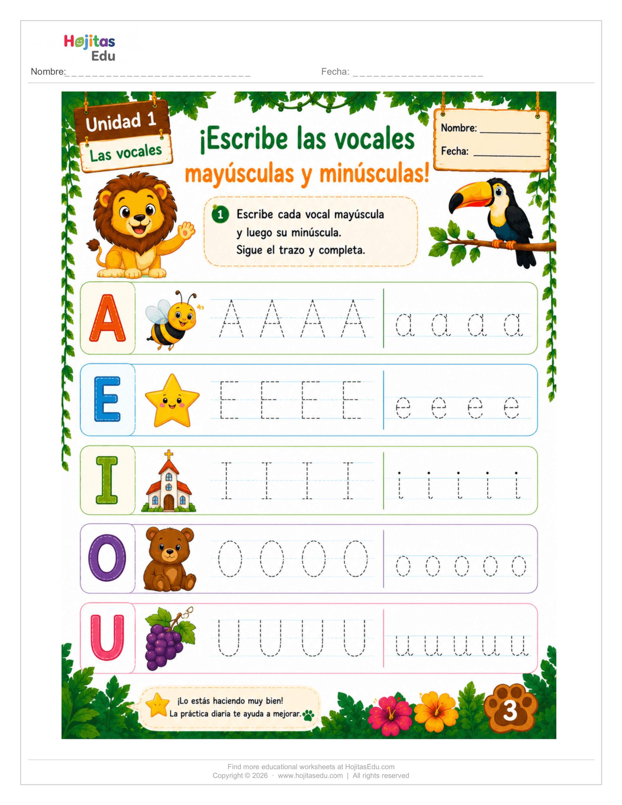 Caligrafía de Vocales — Letra con Dibujo Relacionado para Repasar