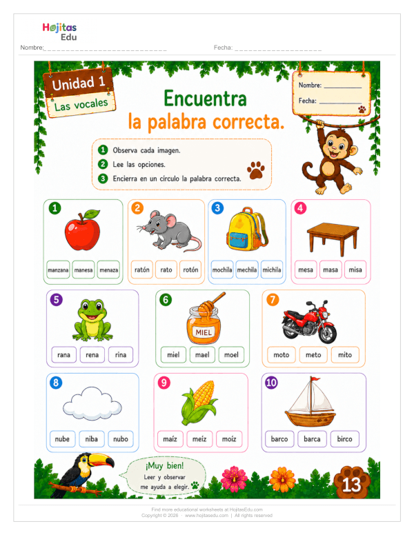 Encuentra la Palabra Correcta — Ficha de Lectura con Temática de Selva