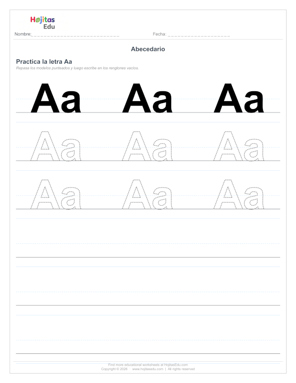 La Letra A — Reconocer, Repasar y Escribir