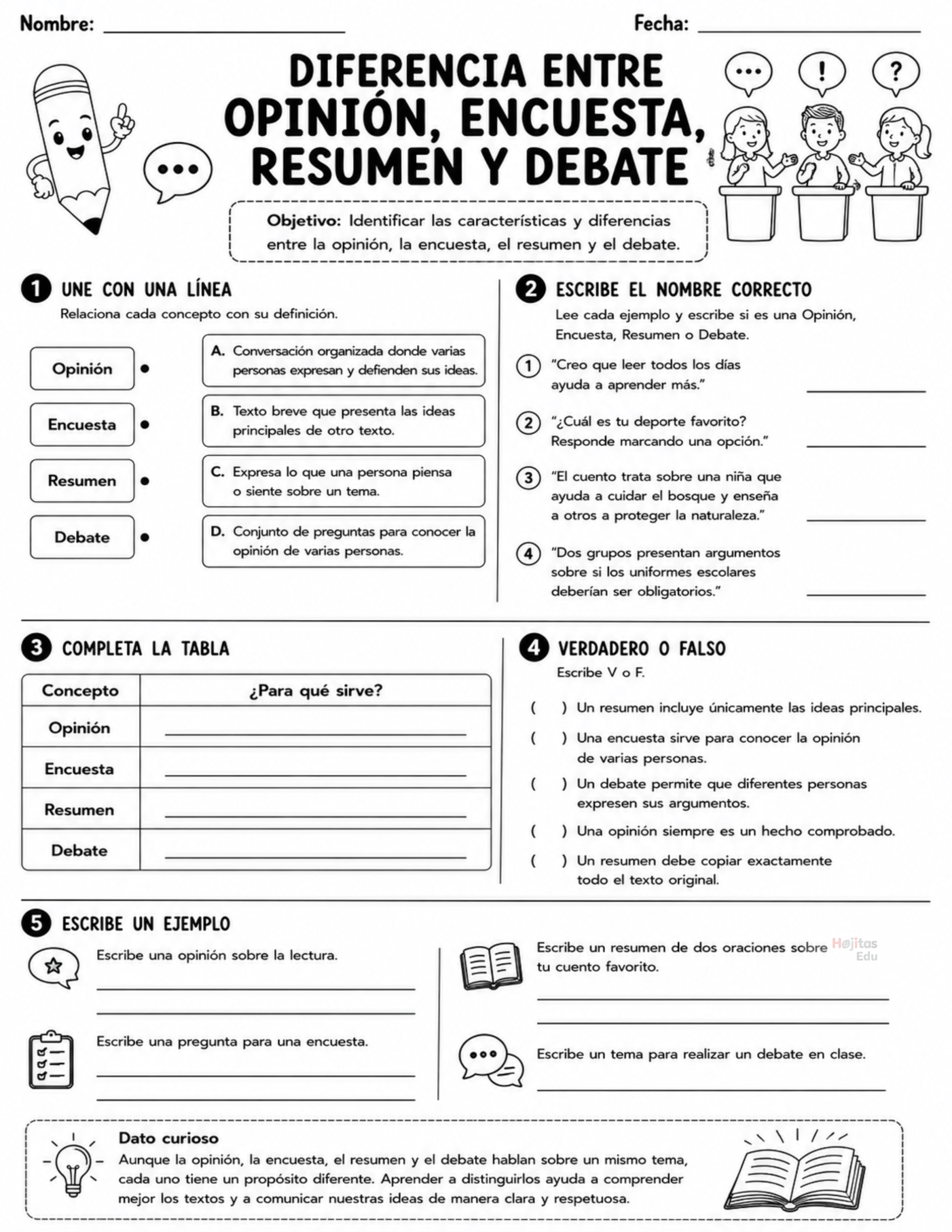 Diferencia entre opinión, encuesta, resumen y debate