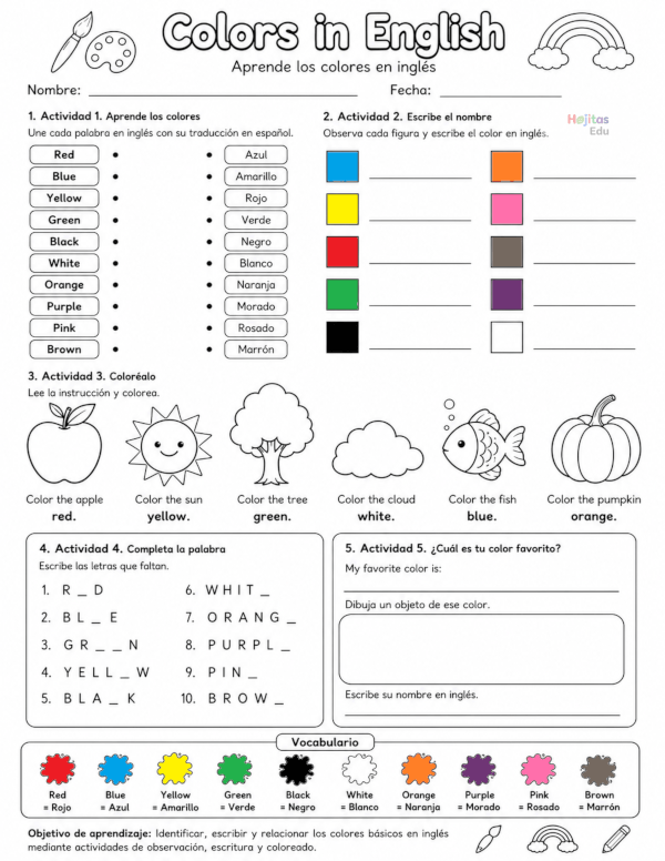 Colors in English para Primaria - Hoja de Trabajo para Aprender los Colores en Inglés