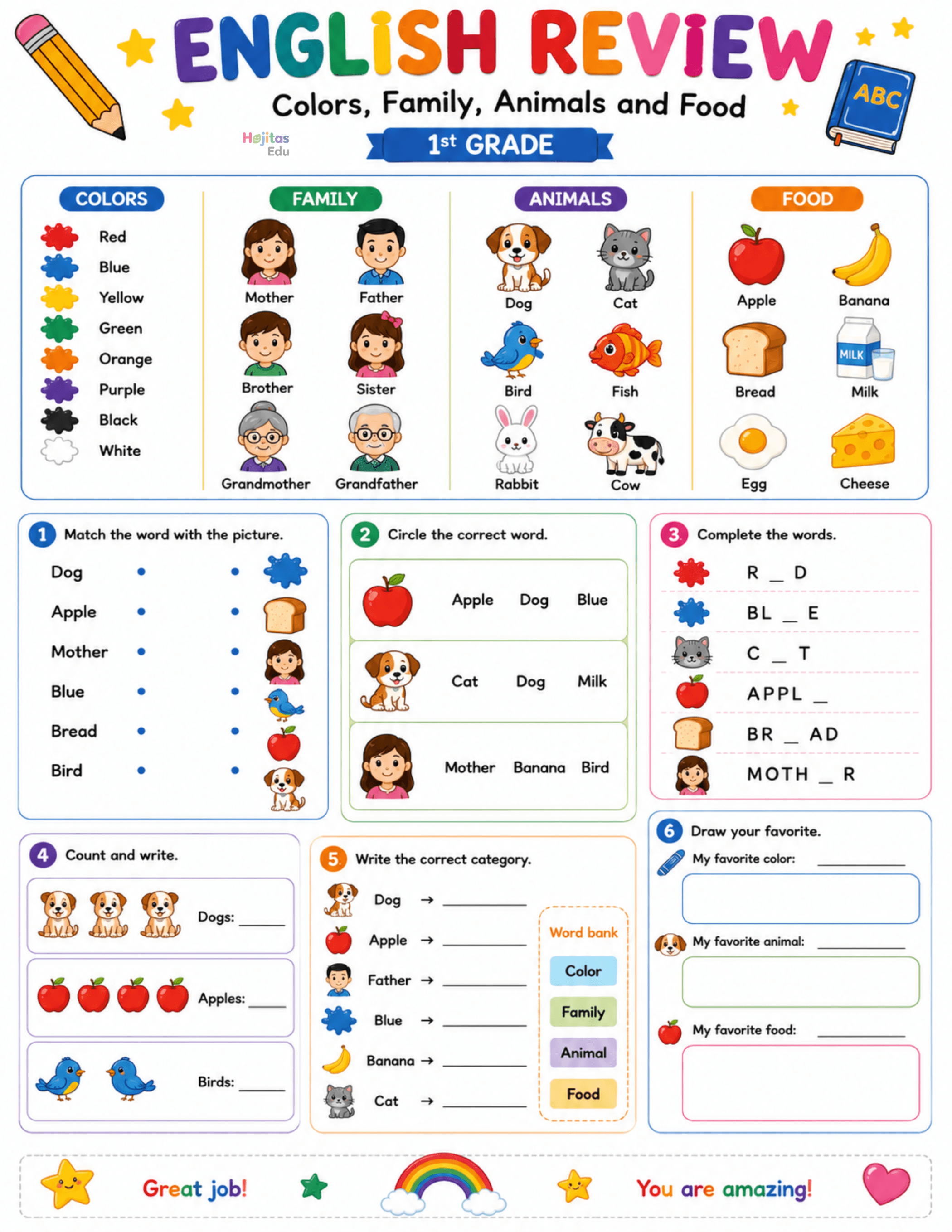 English Review – Colors, Family, Animals and Food