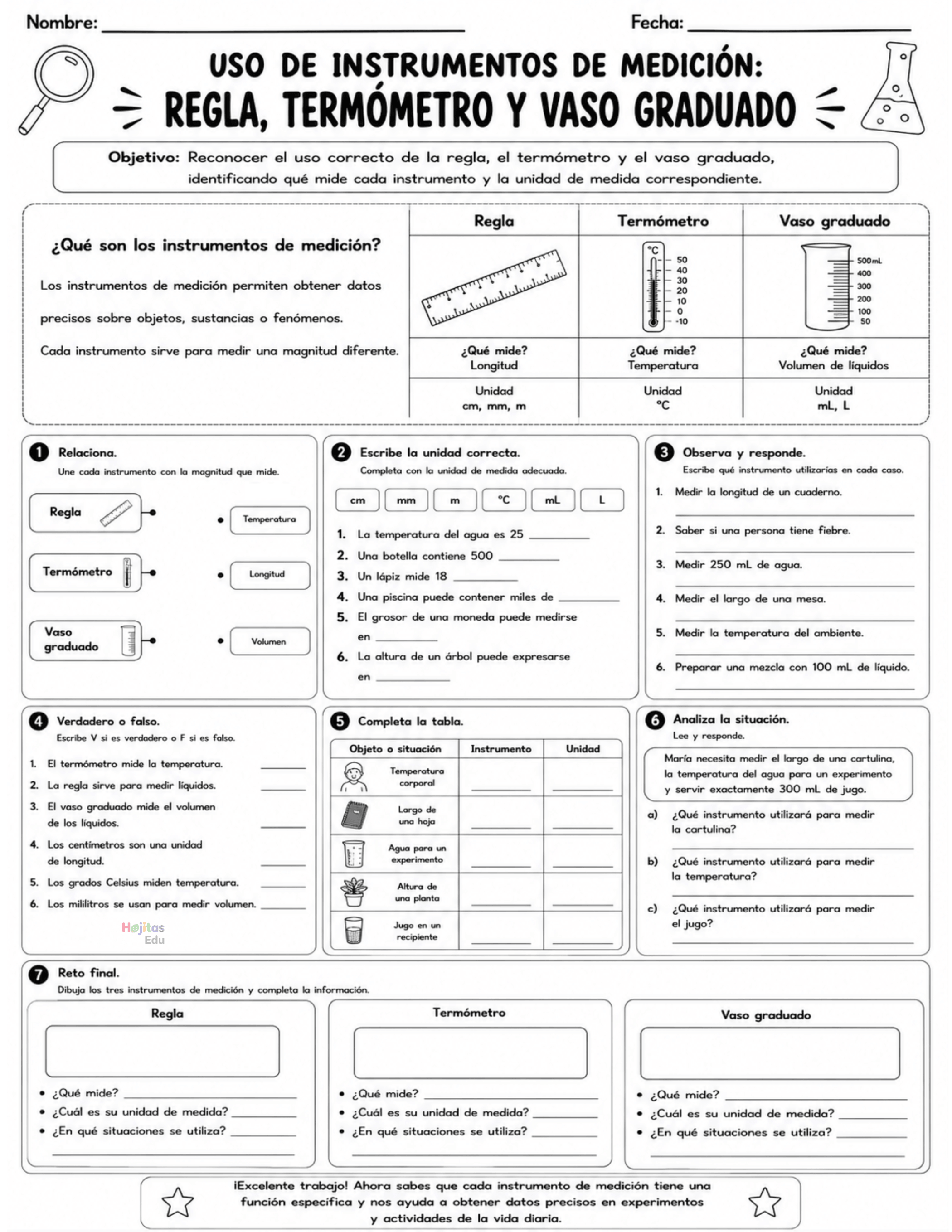 Uso de Instrumentos de Medición: Regla, Termómetro y Vaso Graduado