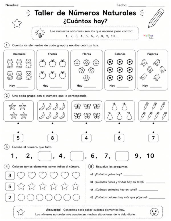 Números Naturales: Taller de Conteo y Ejercicios Matemáticos