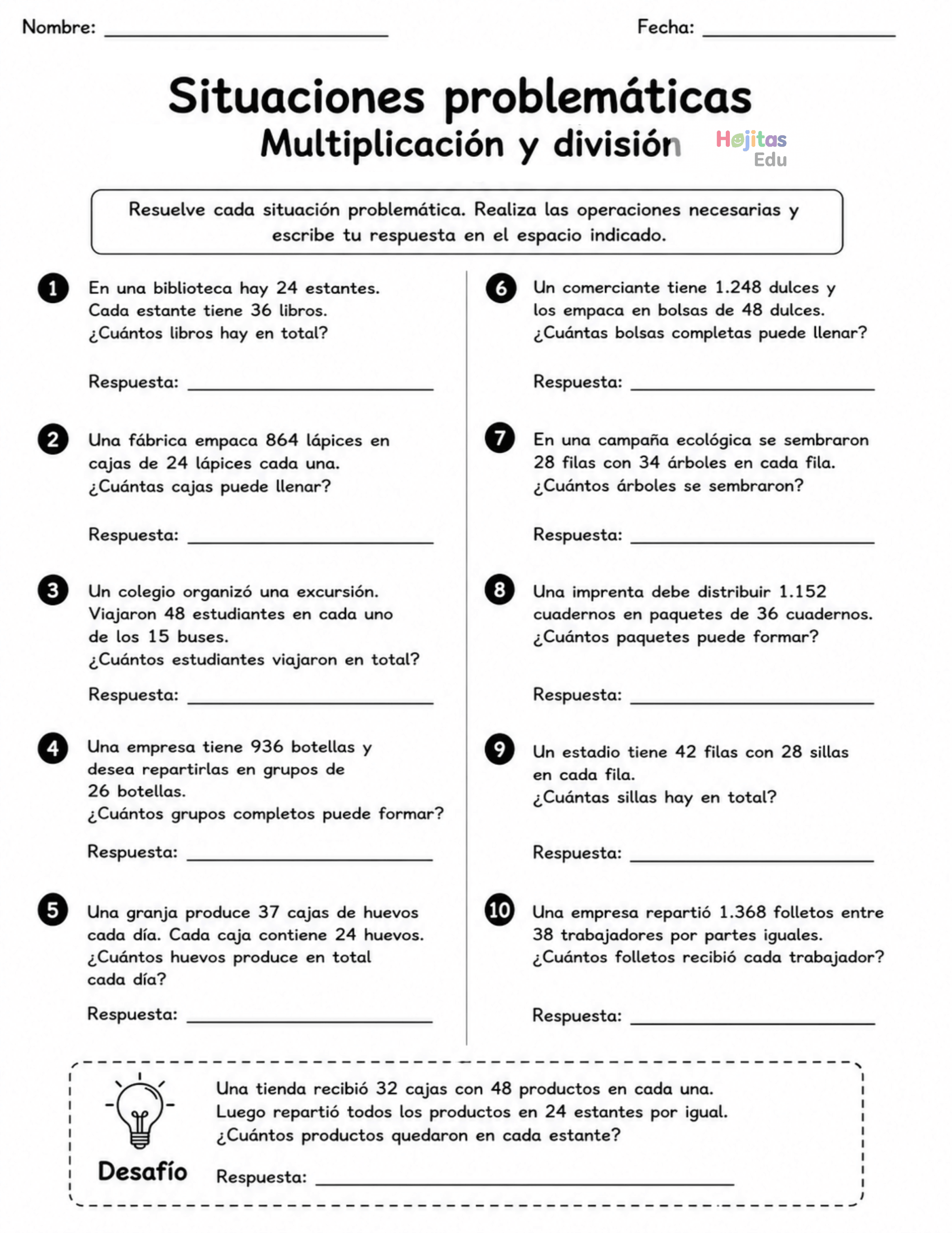 Situaciones problemáticas de multiplicación y división