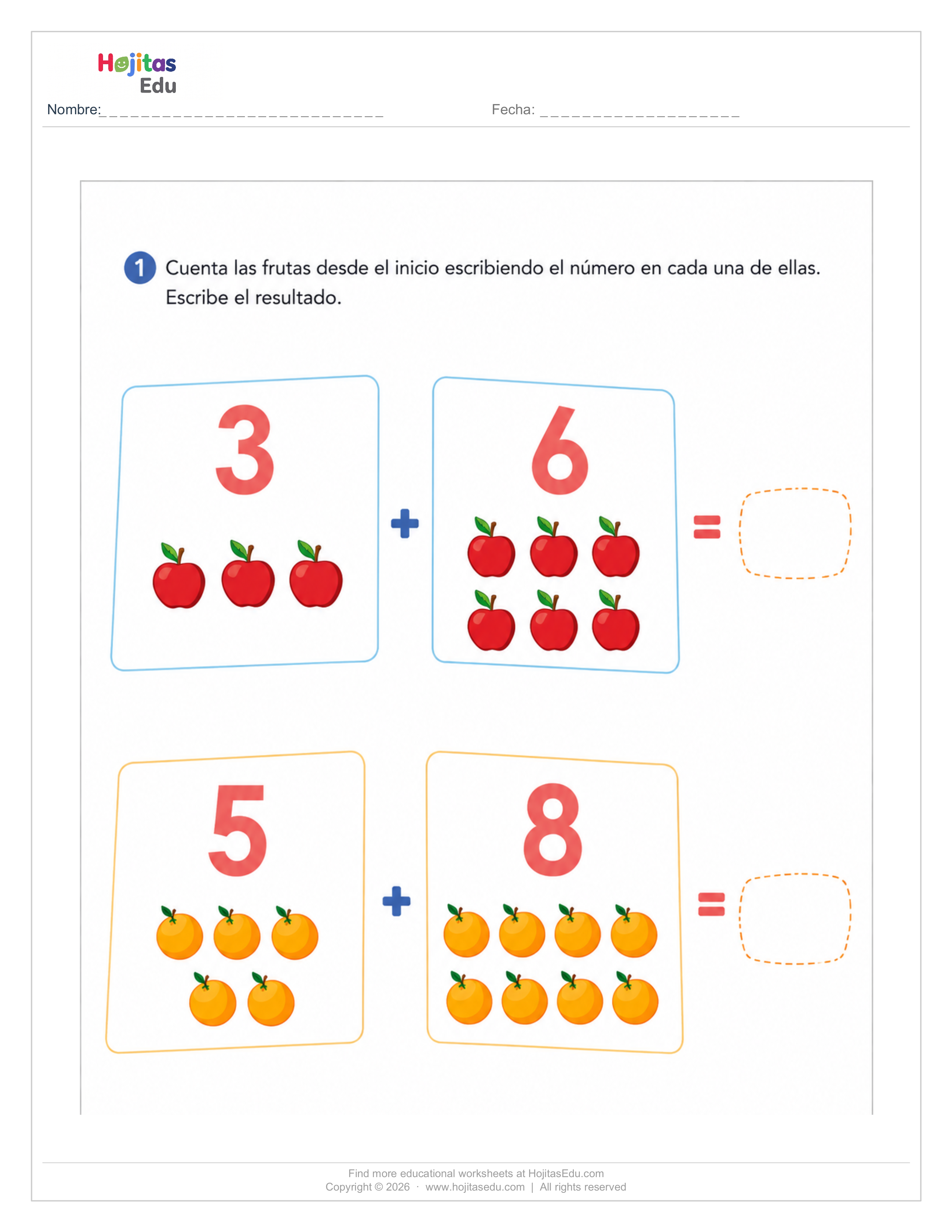 Sumas con Frutas — Manzanas y Naranjas para Primer Grado