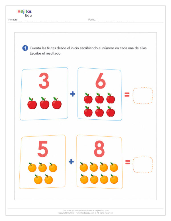 Sumas con Frutas — Manzanas y Naranjas para Primer Grado