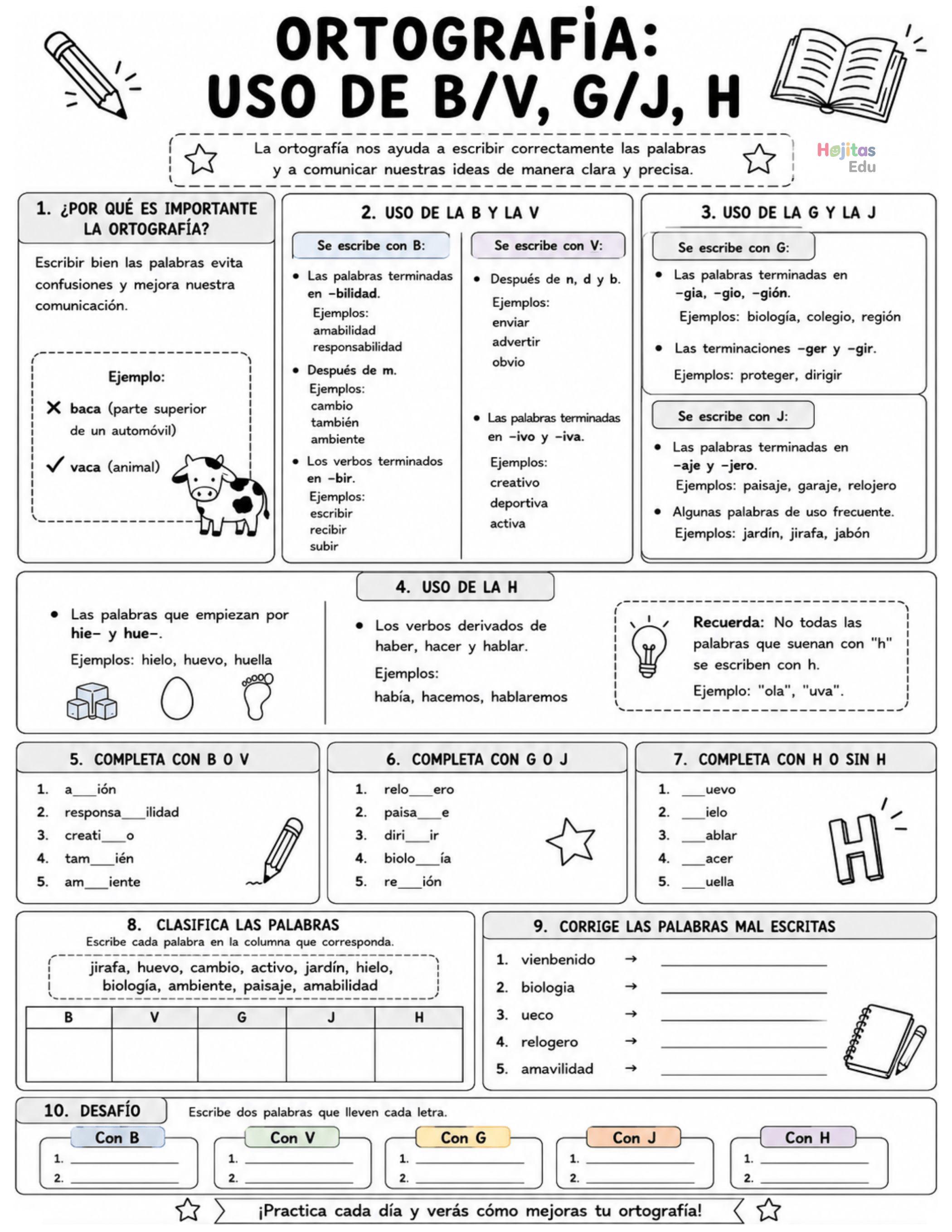 Ortografía: Uso de B/V, G/J y H – Reglas y Ejercicios