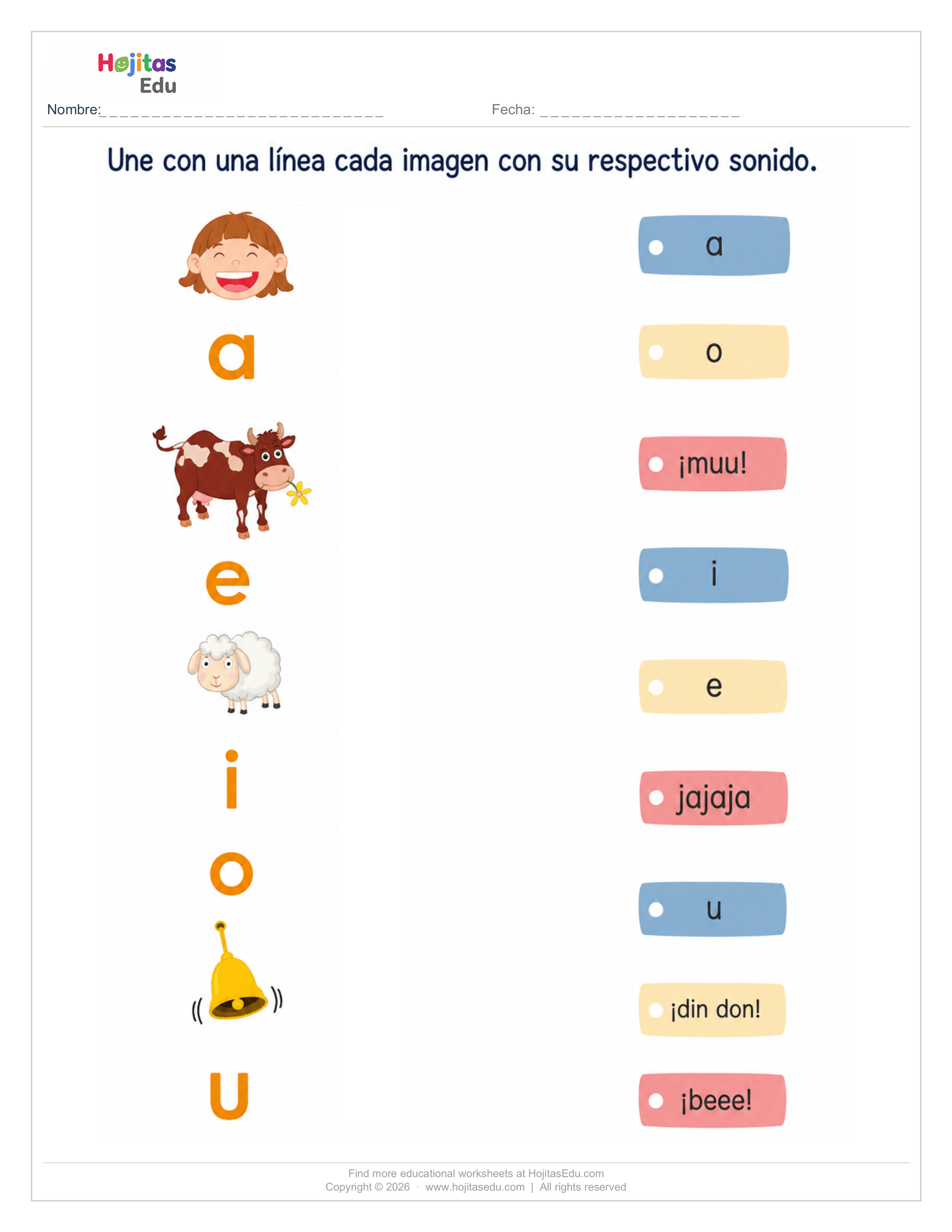 Une el Animal con su Onomatopeya — Ficha de Vocales y Sonidos