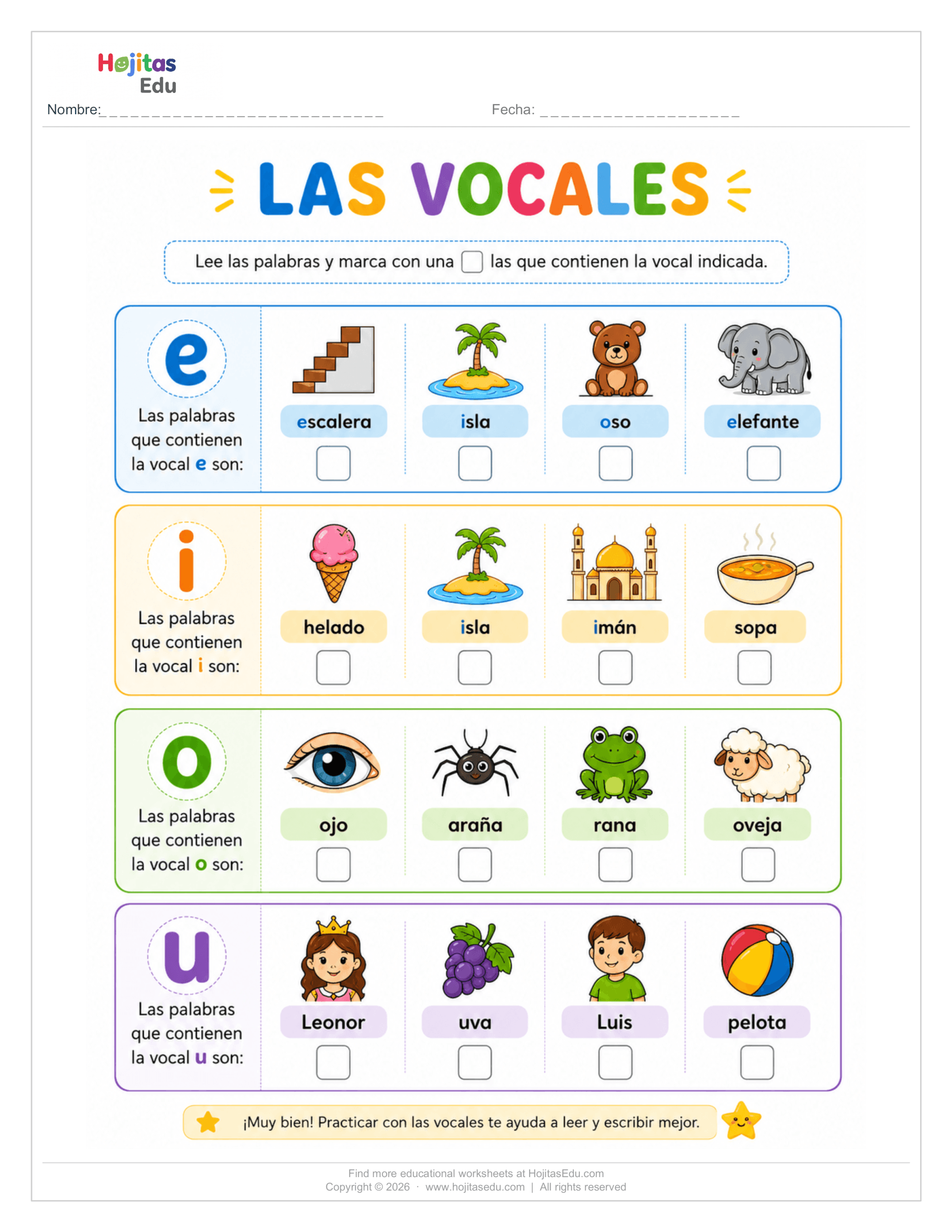 Identifica la Vocal en las Palabras — Ficha por Cada Vocal