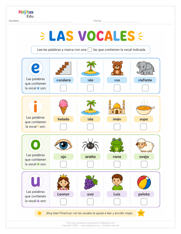 Identifica la Vocal en las Palabras — Ficha por Cada Vocal