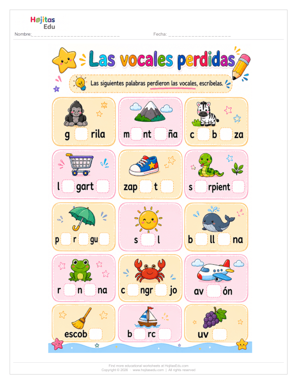Las Vocales Perdidas — Completa las Palabras con Ilustraciones