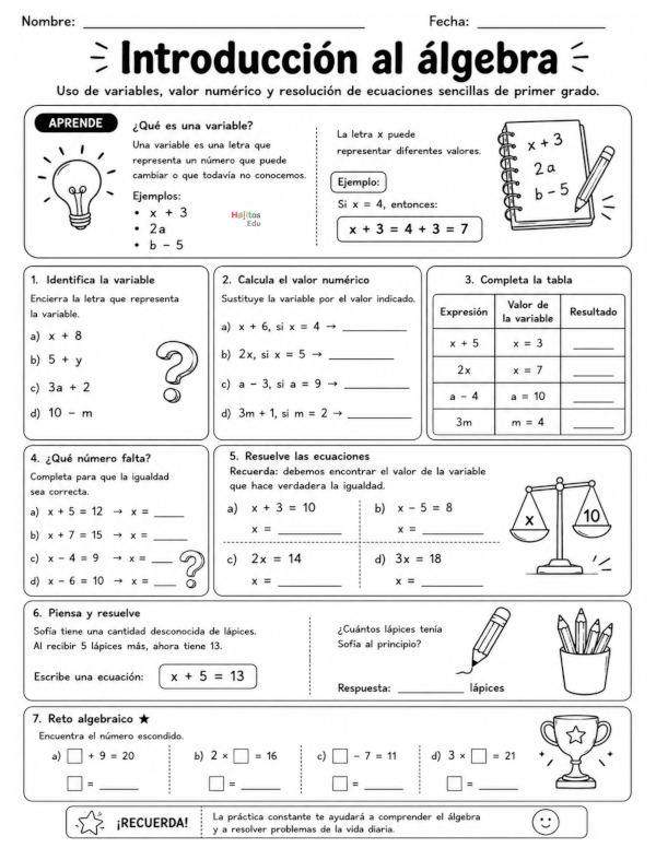 Introducción al álgebra: variables, valor numérico y ecuaciones