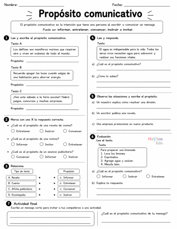 Propósito comunicativo  – Hoja de trabajo de lectura y comprensión